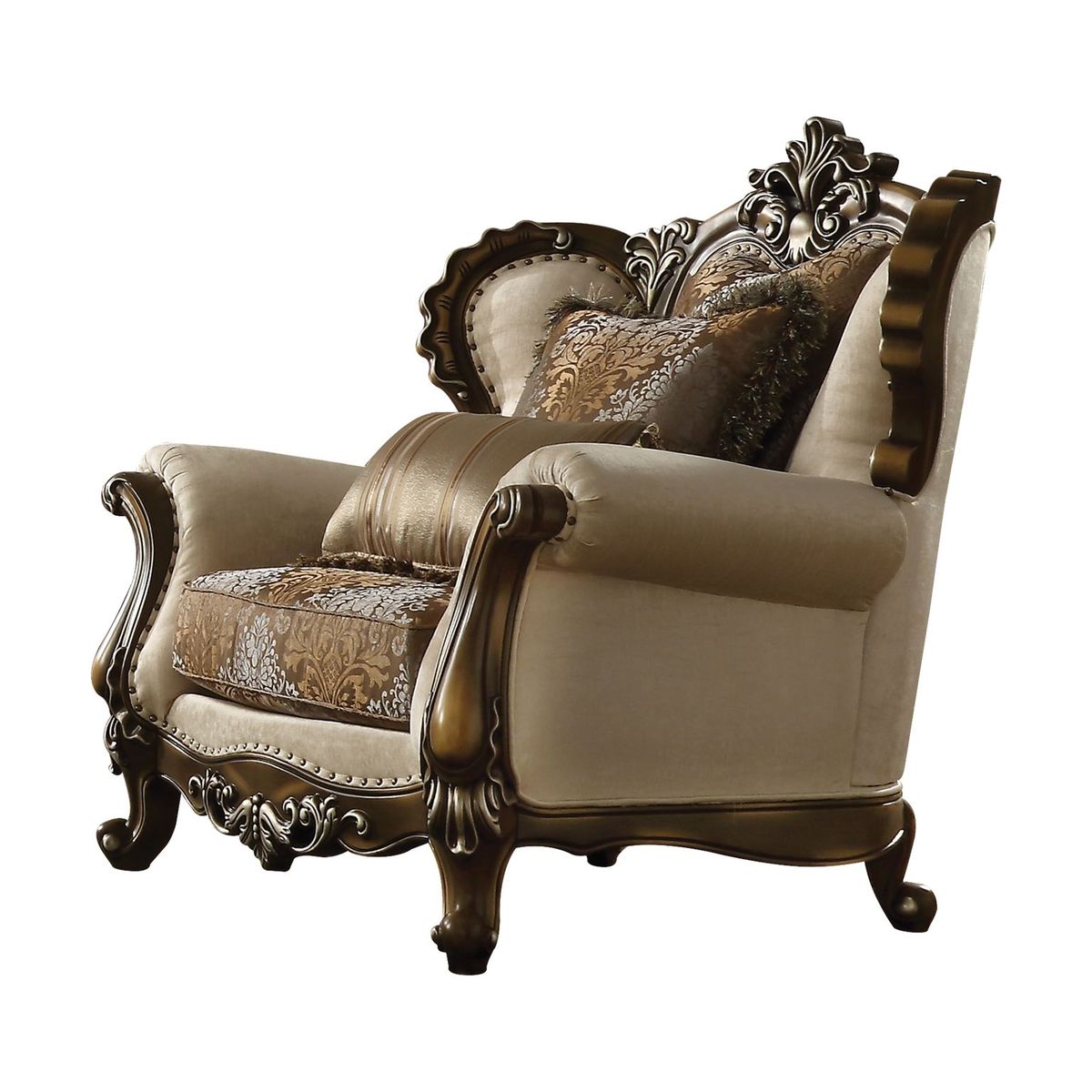 Latisha Chair & 2 Pillows in Tan, Pattern Fabric & Antique Oak 52117