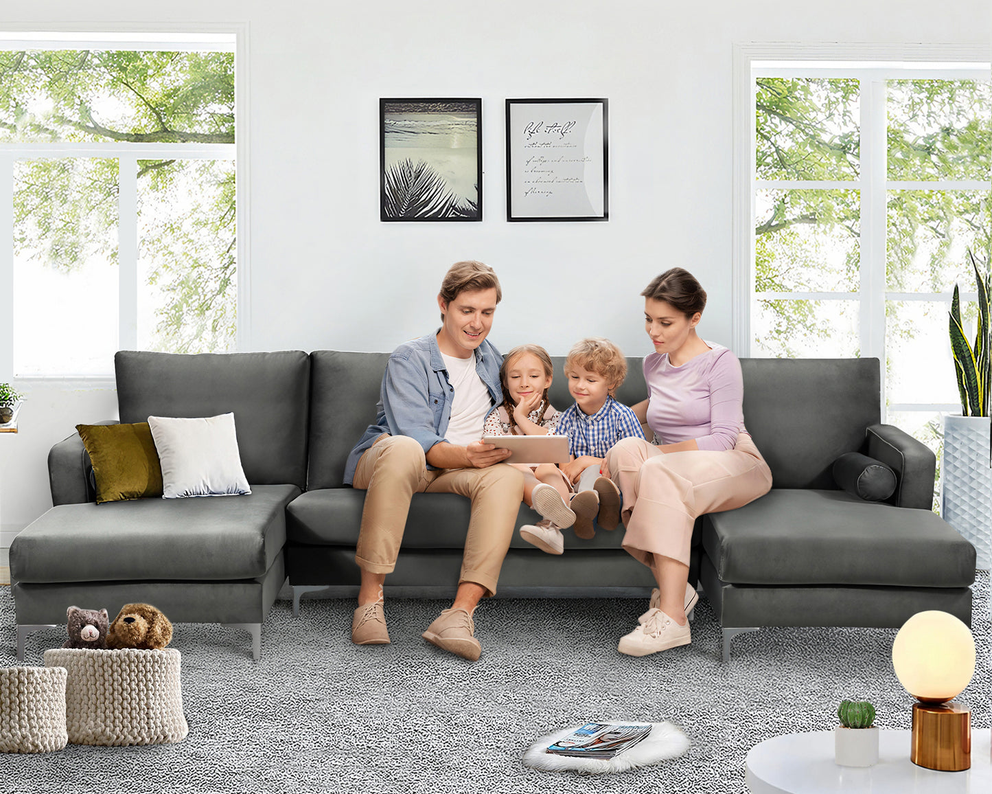 Sectional Sofa with Two Pillows, U-Shape Upholstered Couch with Modern Elegant Velvet for Living Room Apartment