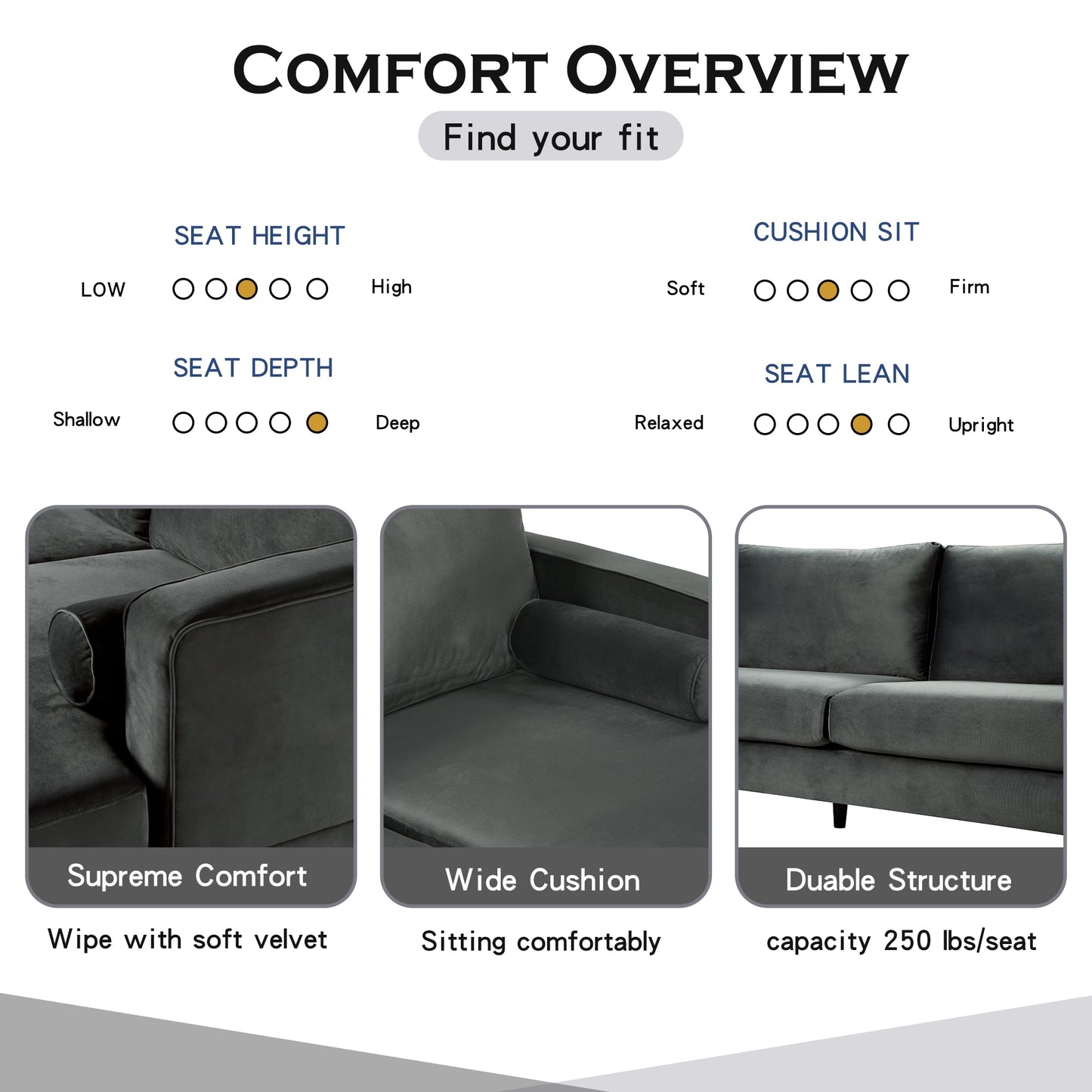 Sectional Sofa with Two Pillows, U-Shape Upholstered Couch with Modern Elegant Velvet for Living Room Apartment