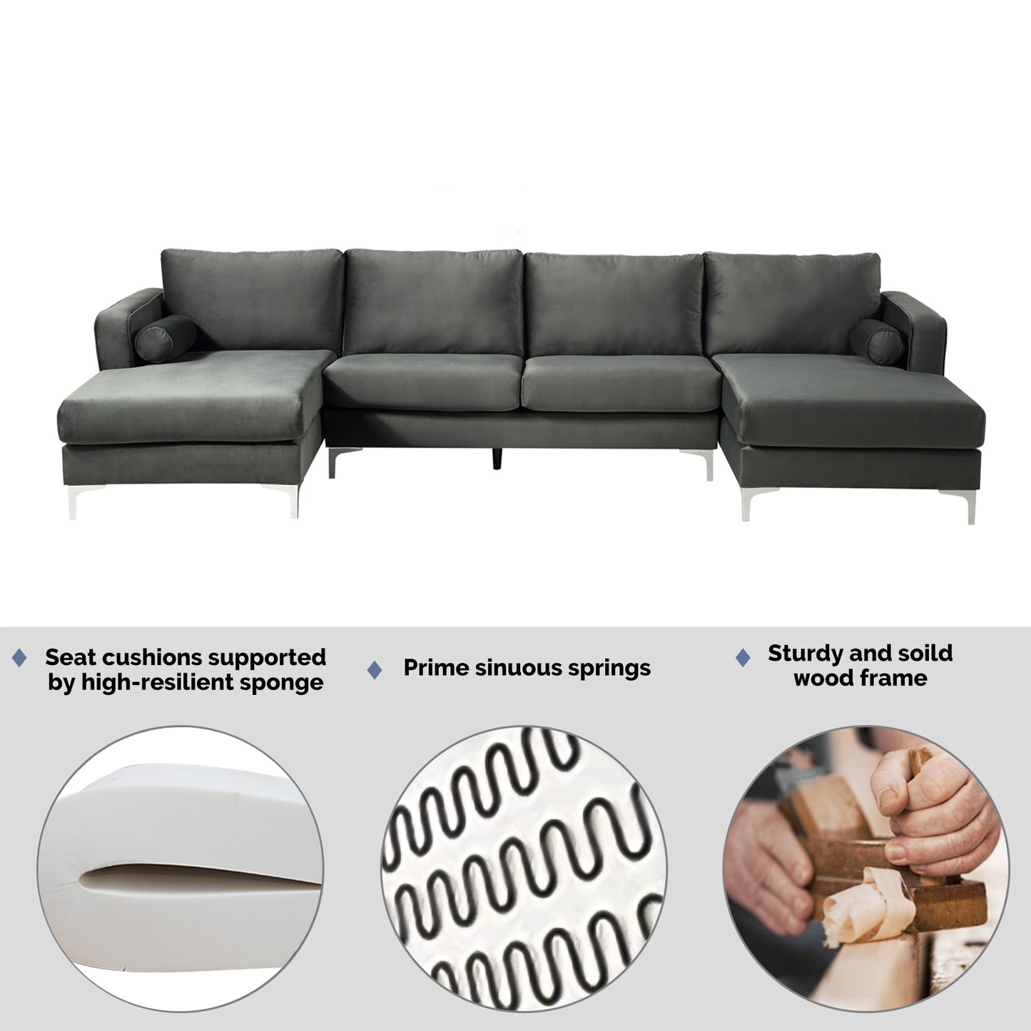 Sectional Sofa with Two Pillows, U-Shape Upholstered Couch with Modern Elegant Velvet for Living Room Apartment