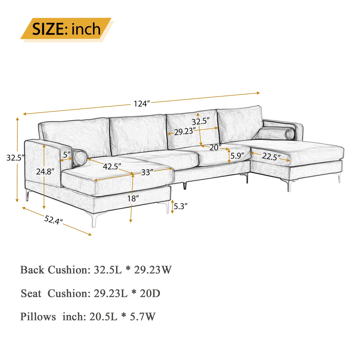 Sectional Sofa with Two Pillows, U-Shape Upholstered Couch with Modern Elegant Velvet for Living Room Apartment