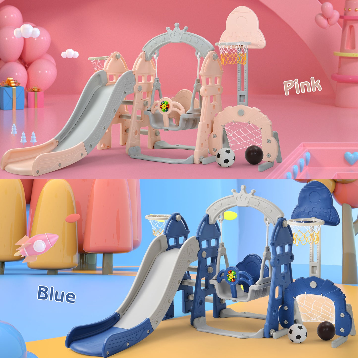 Multifunctional Plastic Kids 5 in 1 Toddler Climber and Swing Set with Removable Basketball Hoop, Extra Long Slide and Ball,Easy Climb Stairs for Indoors & Outdoor Safe, Prepare A Gifts for Your Child