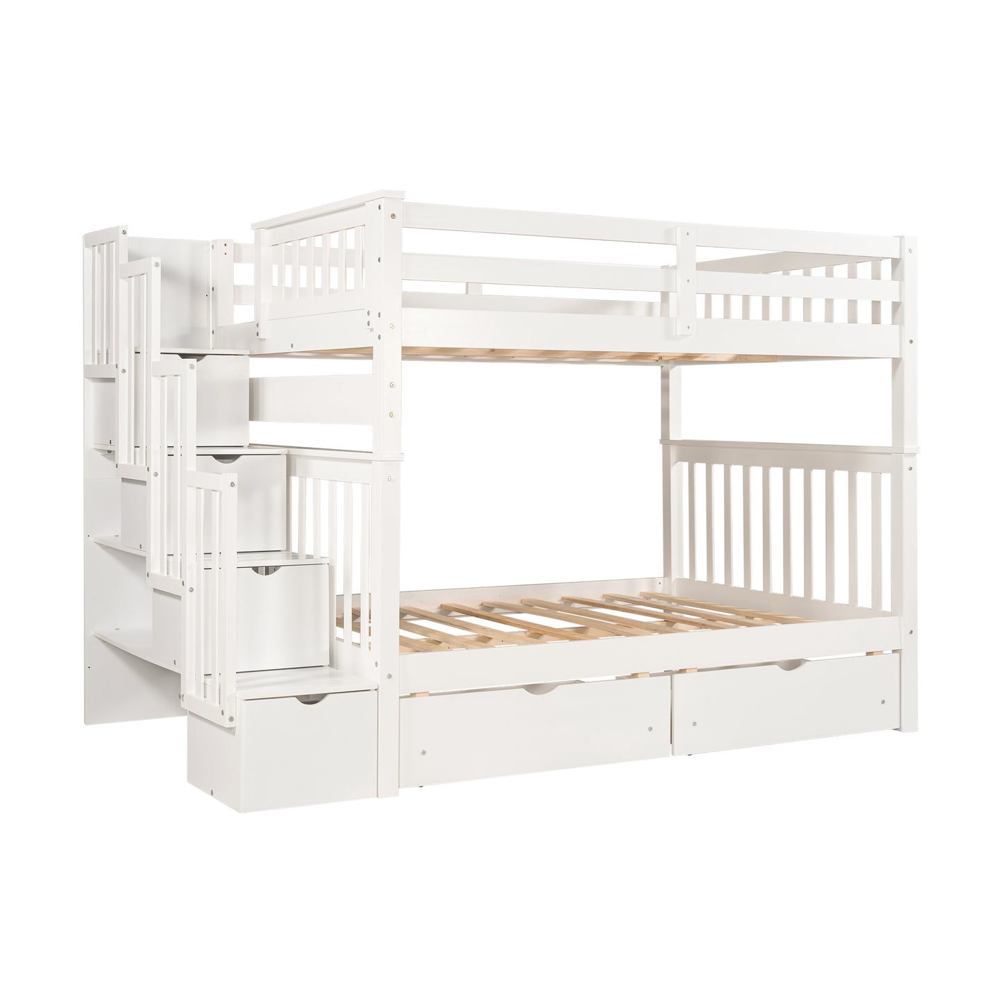 Full Bunk Bed with Shelves and 6 Storage Drawers, White