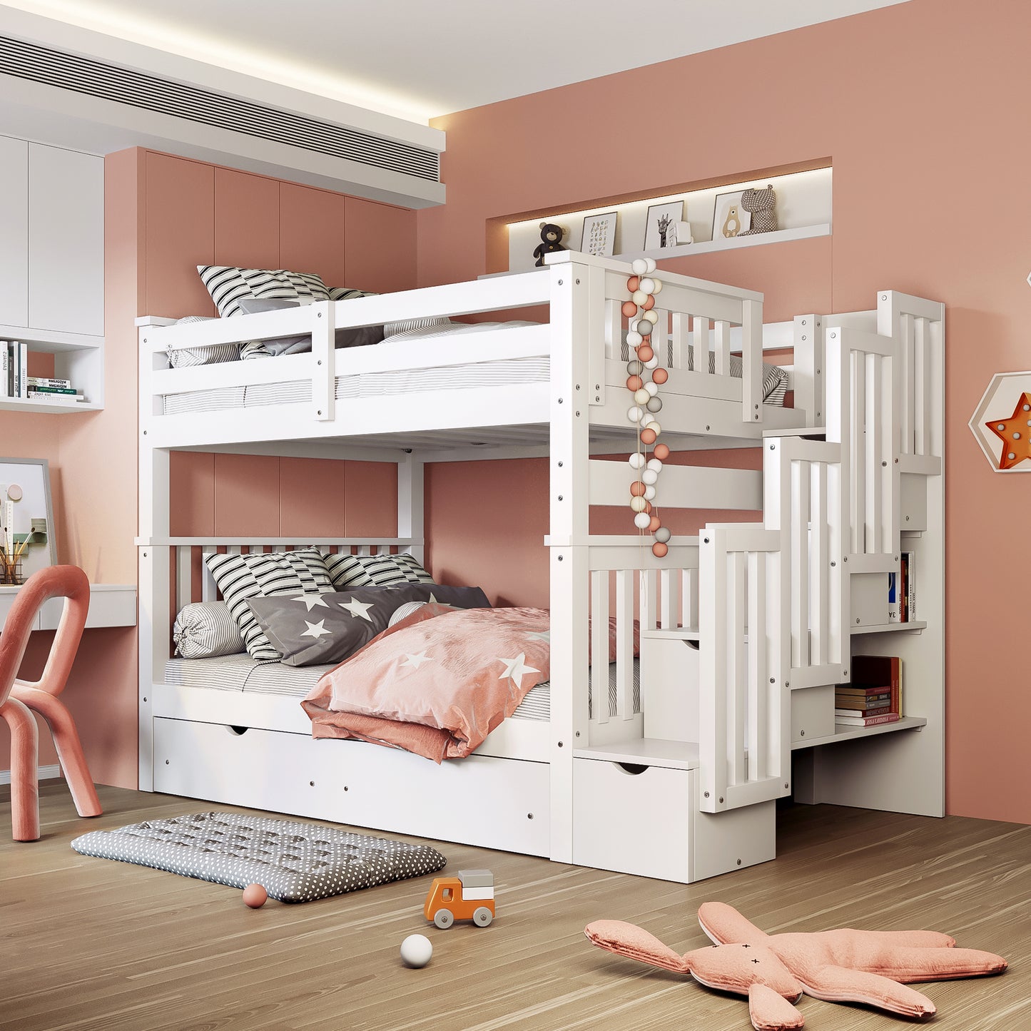 Full Bunk Bed with Shelves and 6 Storage Drawers, White