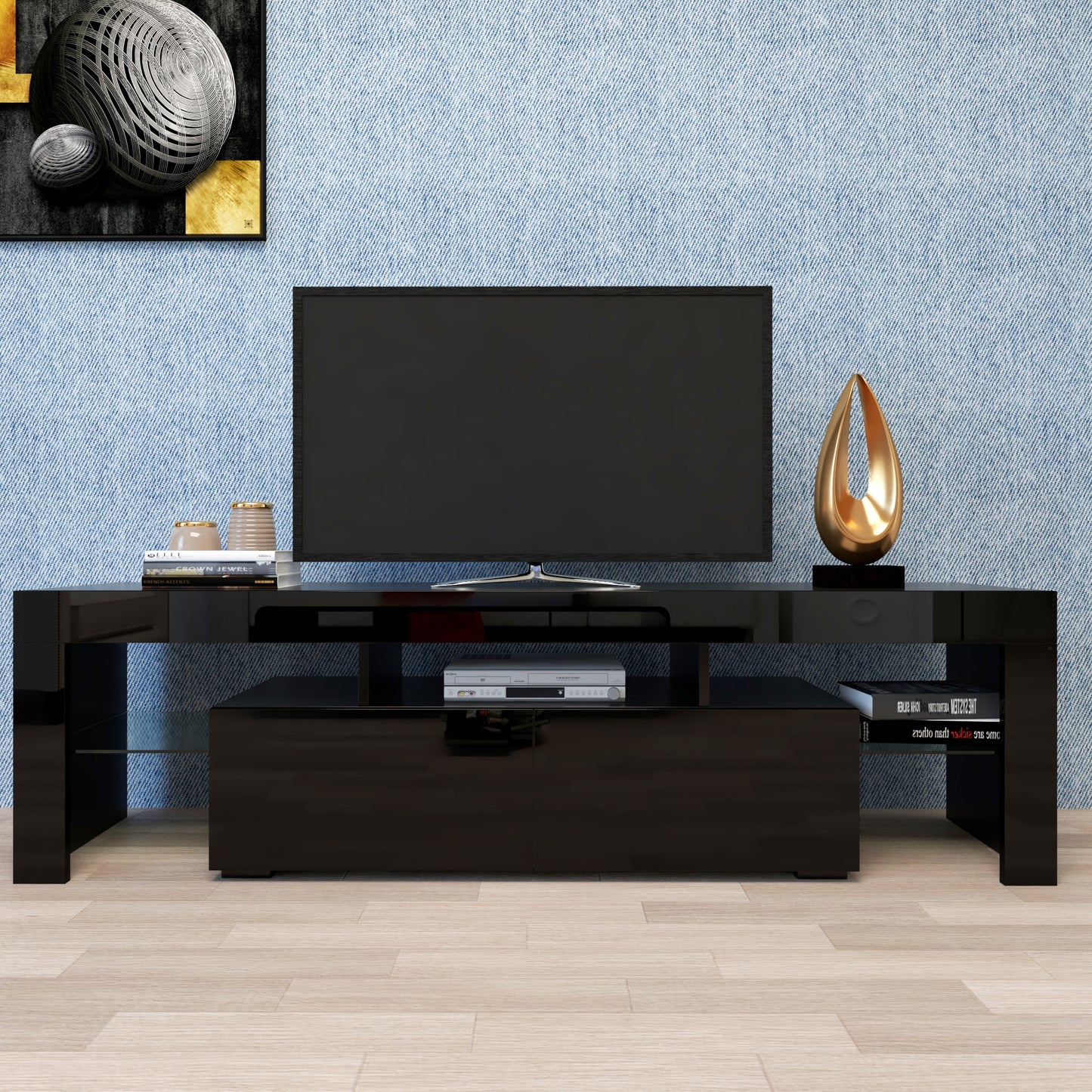 Modern Black TV Stand, 20 Colours LED TV Stand w/Remote Control Lights