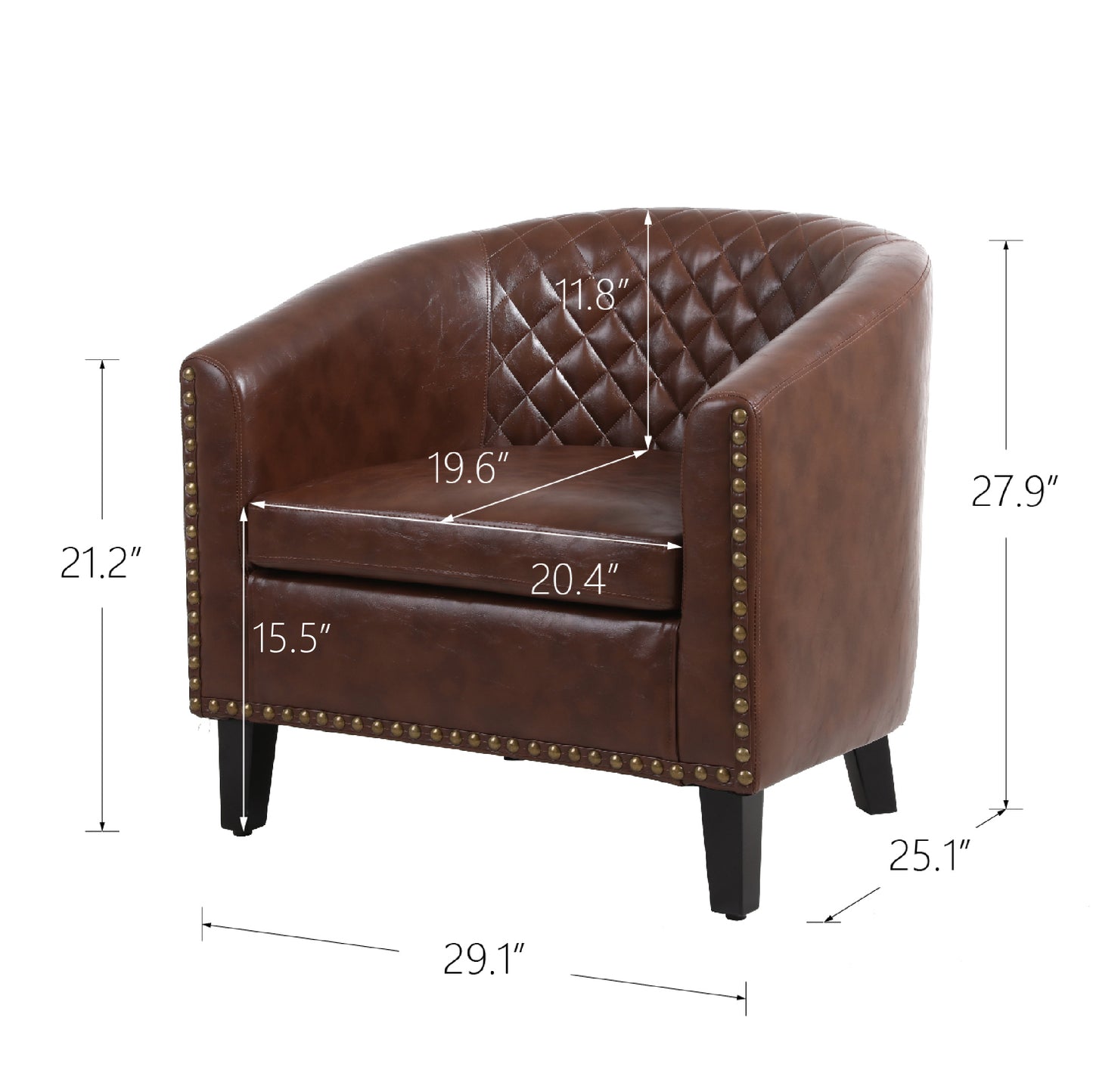Accent Barrel chair living with nailheads and solid wood legs Brown pu leather