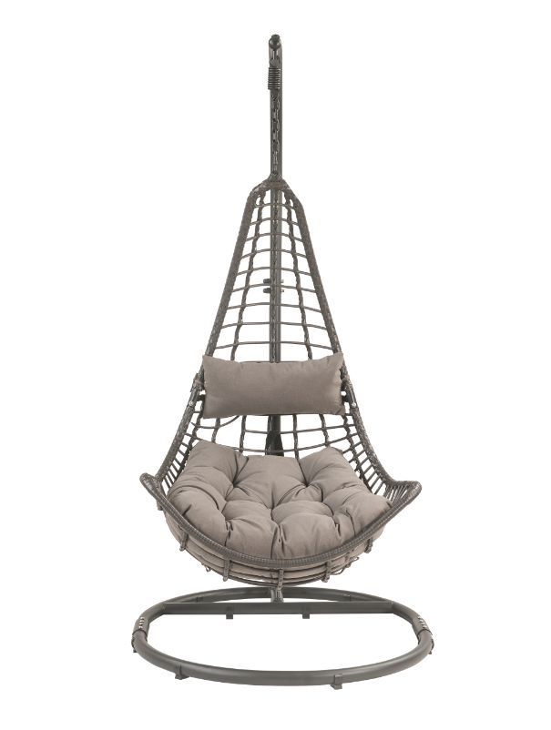 Uzae Patio Hanging Chair with Stand, Gray Fabric & Charcaol Wicker 45105