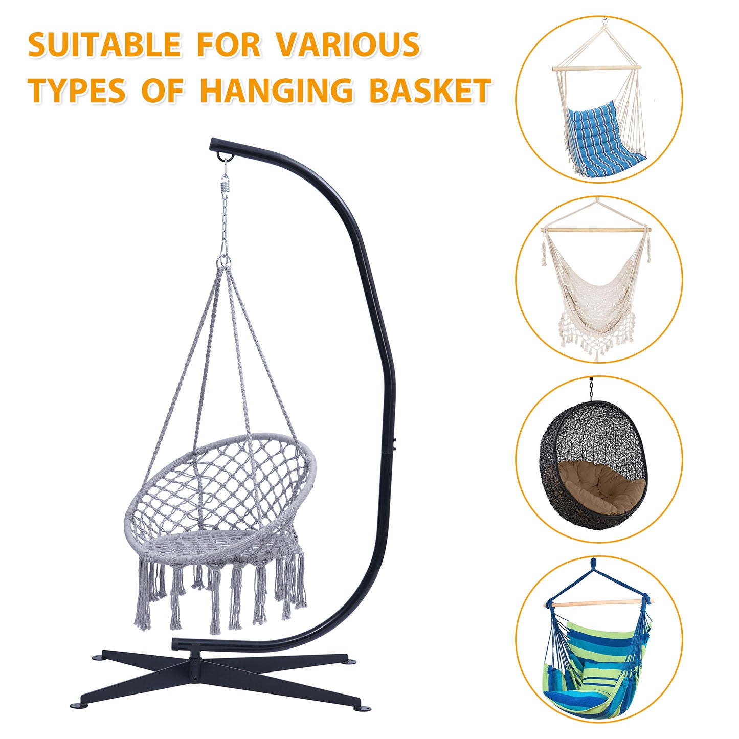 Porch Swing Hanging Hammock Chair with Metal C-Stand - Use Indoor or Outdoor