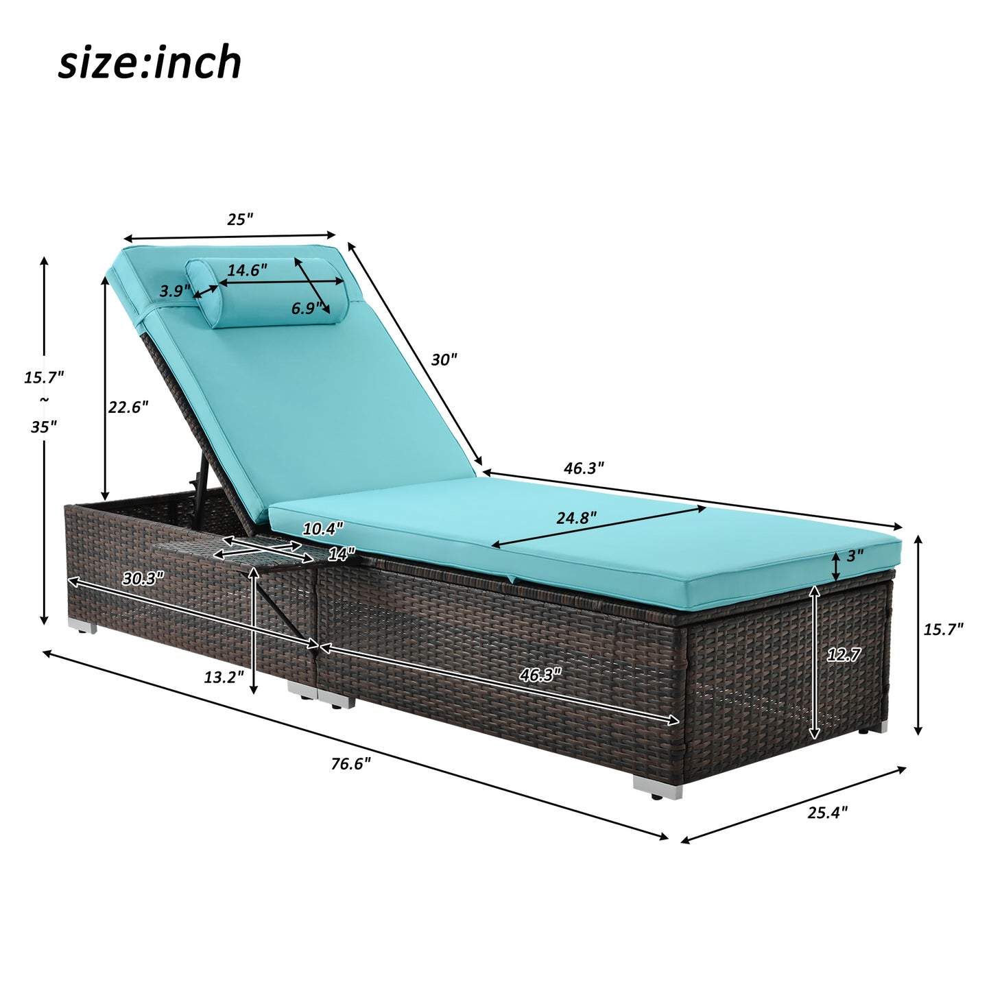 2 Piece Patio Brown Rattan Reclining Chair with Comfort Head Pillow
