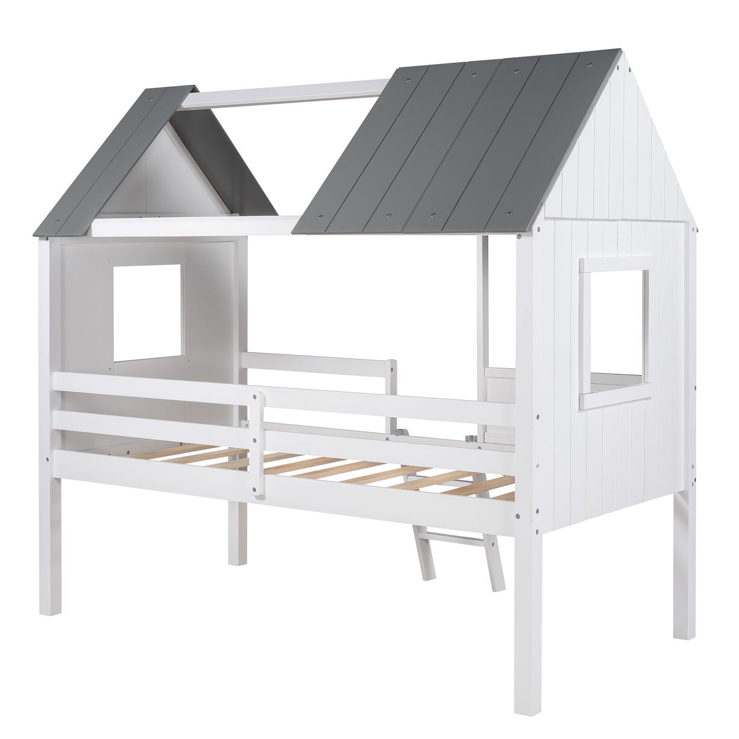Twin Size Low Loft Wood House Bed with Two Side Windows, for Kids, Teens, Girls, Boys, (Normal Gray+Normal White)
