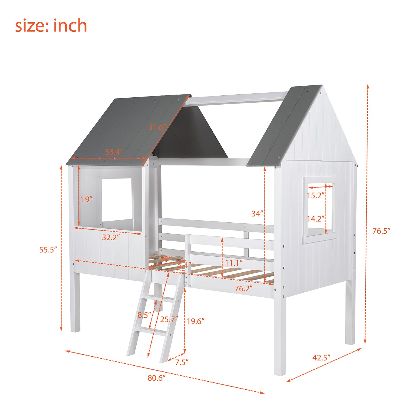 Twin Size Low Loft Wood House Bed with Two Side Windows, for Kids, Teens, Girls, Boys, (Normal Gray+Normal White)