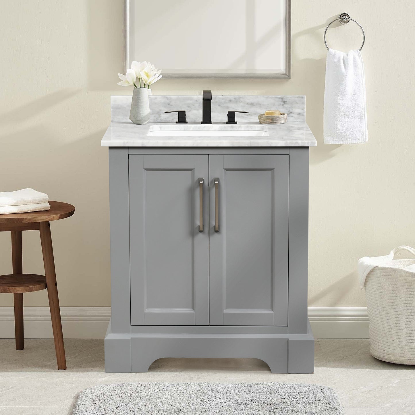 Solid Wood Bathroom Vanity Set, with Drawers, Carrara White Marble Top, 3 Faucet Hole