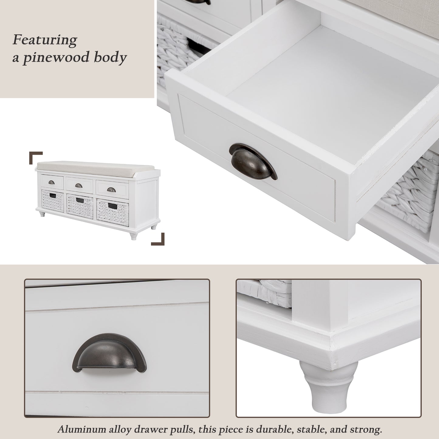 Rustic Storage Bench with 3 Drawers and 3 Rattan Baskets, Shoe Bench for Living Room, Entryway (White)