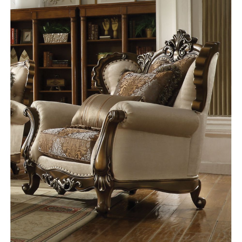 Latisha Chair & 2 Pillows in Tan, Pattern Fabric & Antique Oak 52117