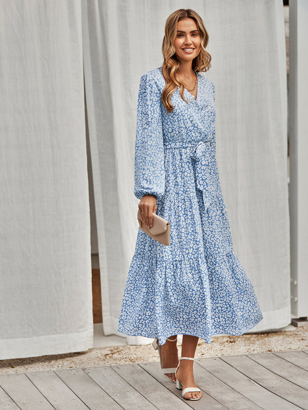 Women's casual long sleeve waist bound Printed Dress
