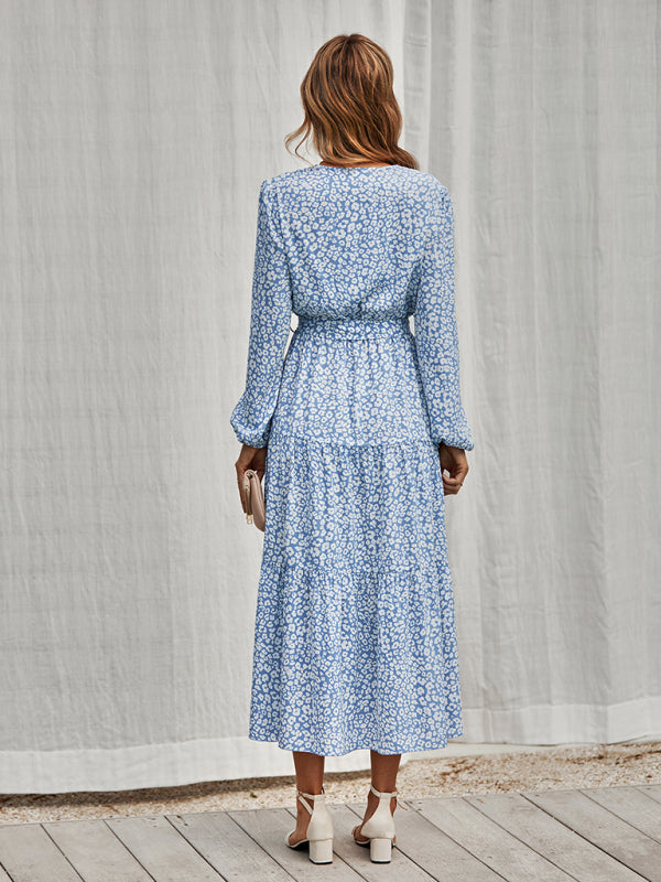 Women's casual long sleeve waist bound Printed Dress