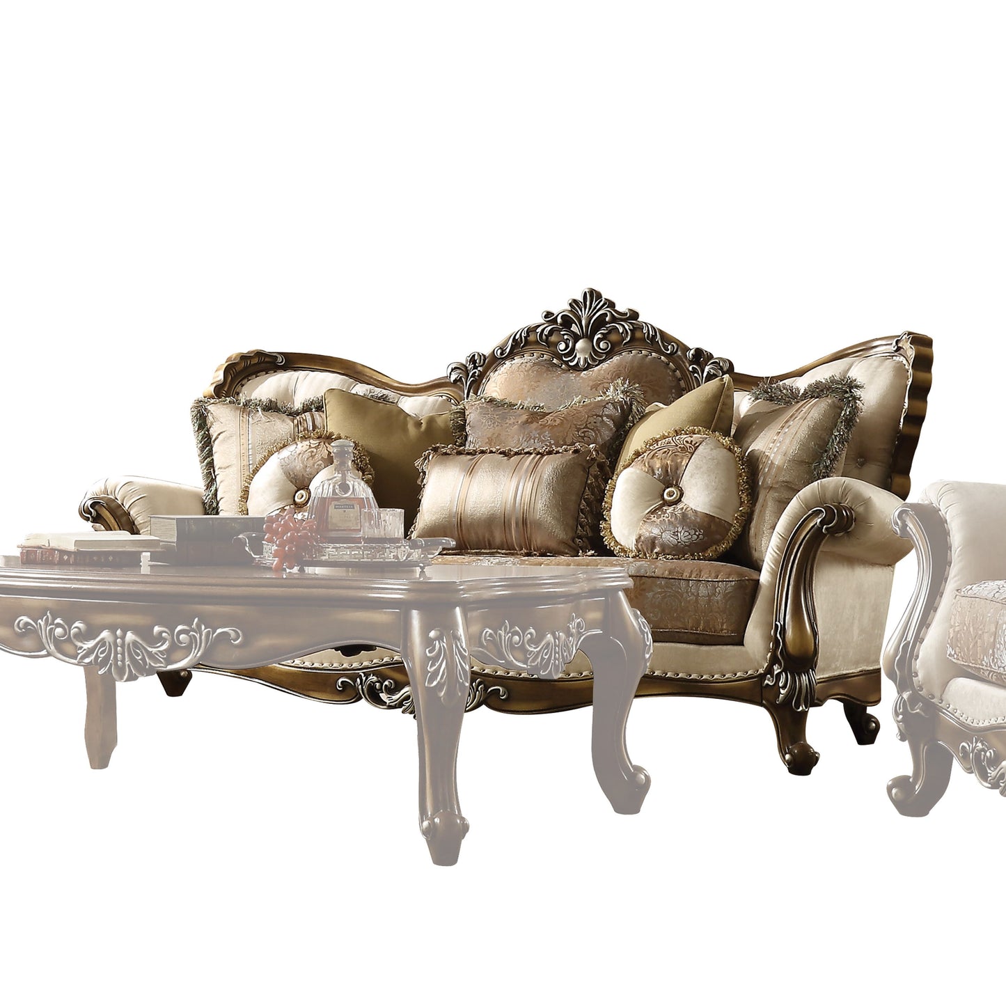 Latisha Sofa w/6 Pillows in Tan, Pattern Fabric & Antique Oak 52115