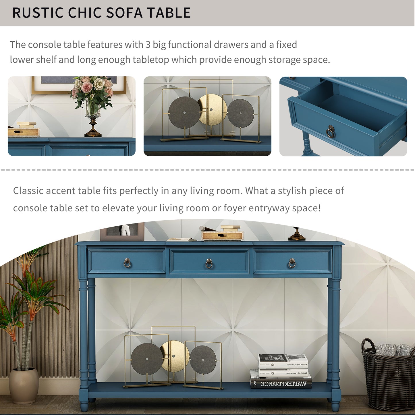 Console Table for Entryway with Projecting Drawers and Long Shelf (Antique Navy)