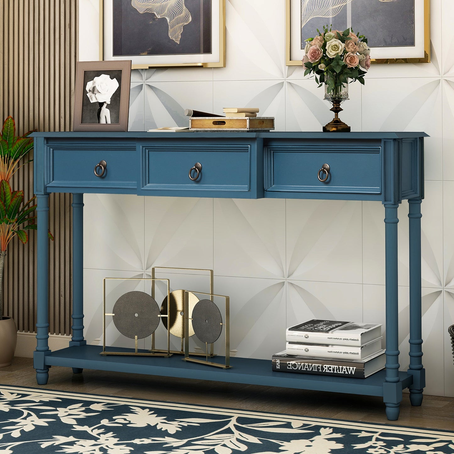 Console Table for Entryway with Projecting Drawers and Long Shelf (Antique Navy)