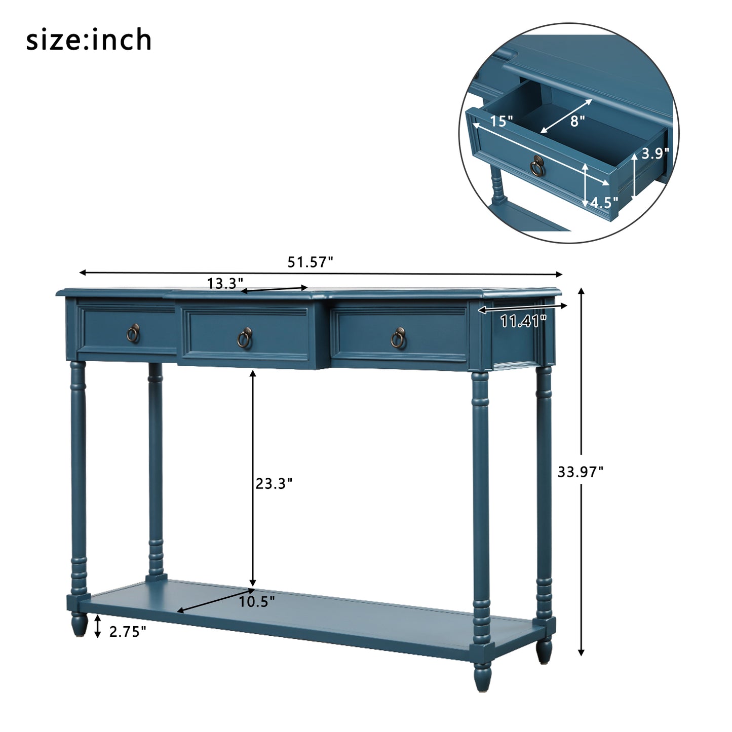 Console Table for Entryway with Projecting Drawers and Long Shelf (Antique Navy)
