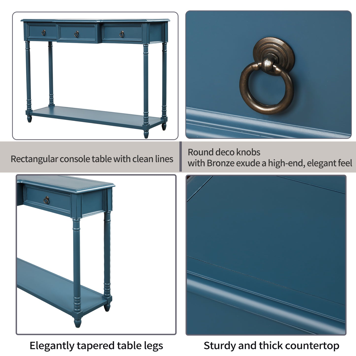 Console Table for Entryway with Projecting Drawers and Long Shelf (Antique Navy)