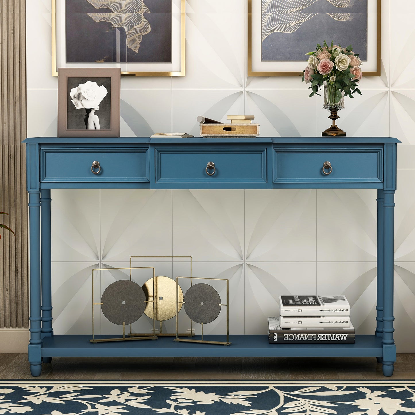 Console Table for Entryway with Projecting Drawers and Long Shelf (Antique Navy)