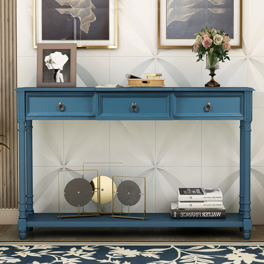 Console Table for Entryway with Projecting Drawers and Long Shelf (Antique Navy)