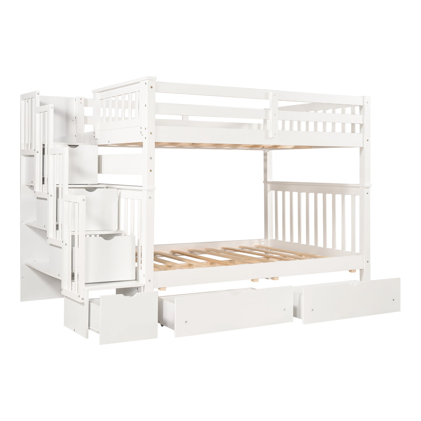 Full Bunk Bed with Shelves and 6 Storage Drawers, White