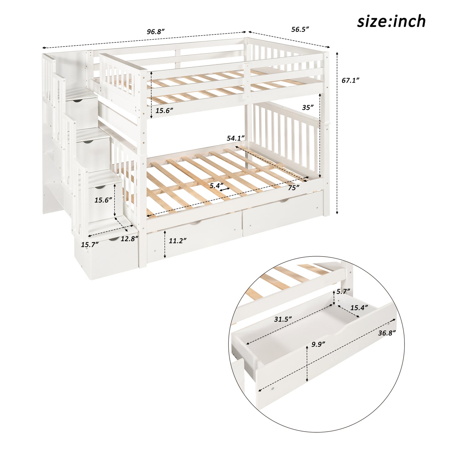 Full Bunk Bed with Shelves and 6 Storage Drawers, White