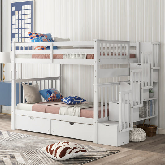 Full Bunk Bed with Shelves and 6 Storage Drawers, White