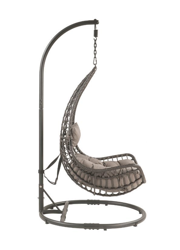 Uzae Patio Hanging Chair with Stand, Gray Fabric & Charcaol Wicker 45105