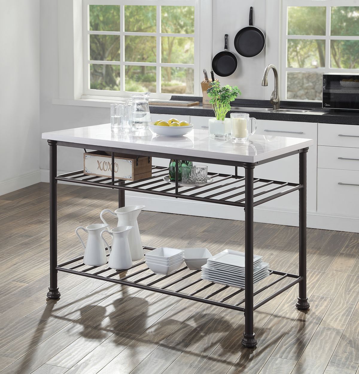 Freyja Kitchen Island, White Cultured Stone & Grey Finish 98941