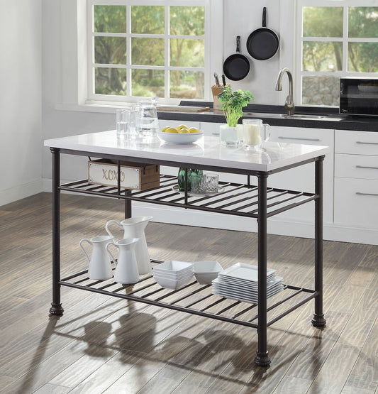 Freyja Kitchen Island, White Cultured Stone & Grey Finish 98941