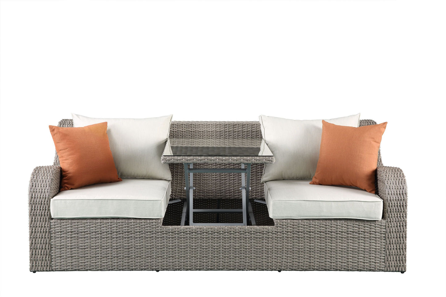 Salena Patio Sectional  2 Ottomans (2 Pillows) in Beige Fabric  Gray Wicker 45010