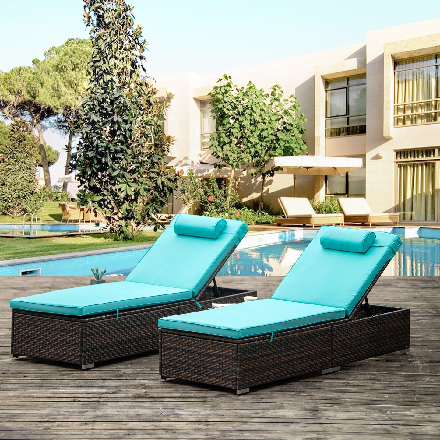 2 Piece Patio Brown Rattan Reclining Chair with Comfort Head Pillow