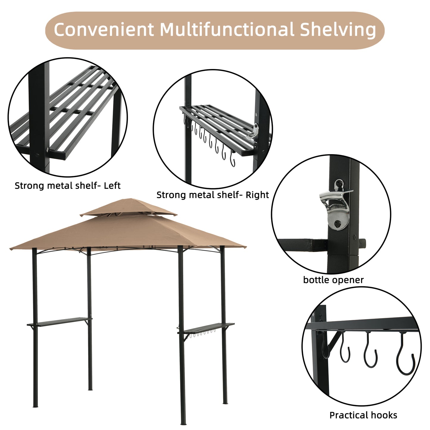 Double Tier Canopy And Steel Frame With Hook And Bar Counters, Khaki