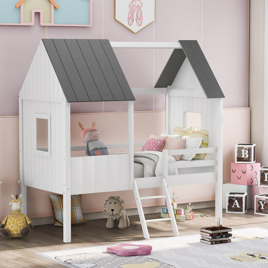 Twin Size Low Loft Wood House Bed with Two Side Windows, for Kids, Teens, Girls, Boys, (Normal Gray+Normal White)