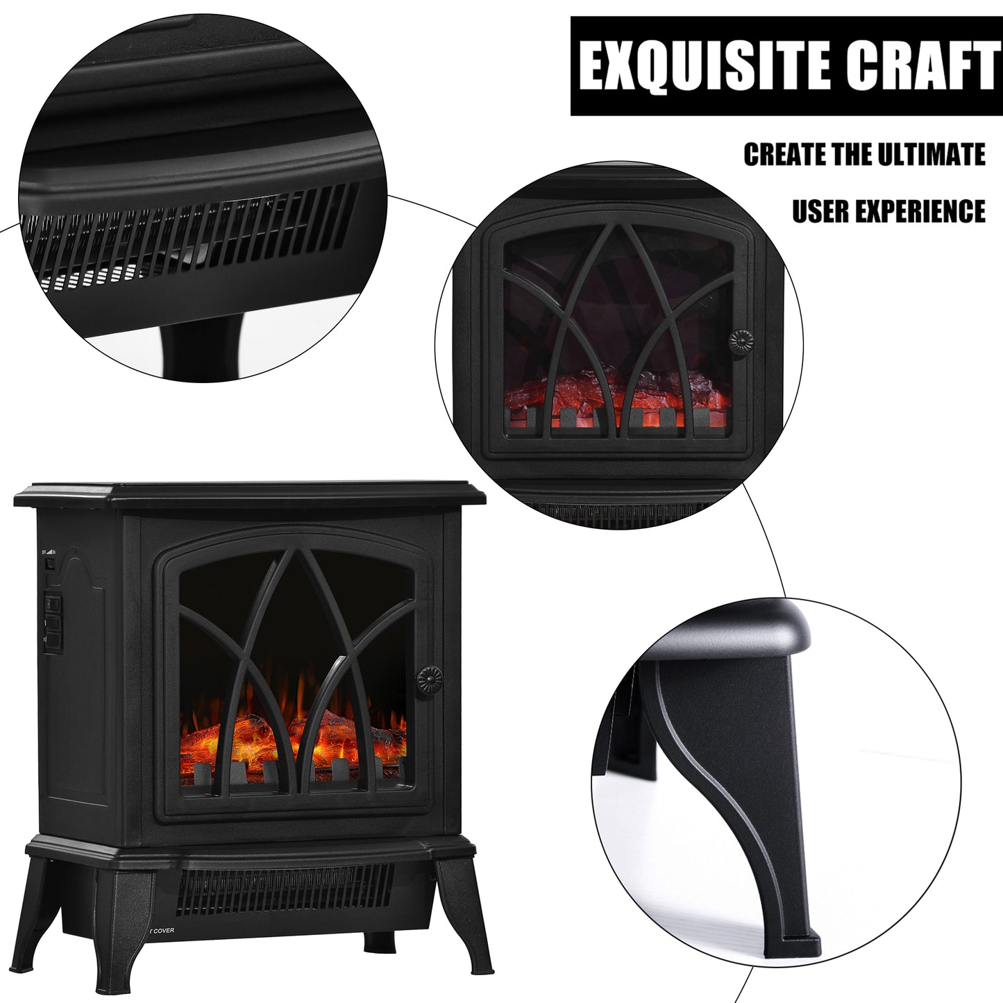 Portable Electric Fireplace Stove, Heater with Realistic Flame Effect, 2000W Overheat Auto Shut Off Safety Function
