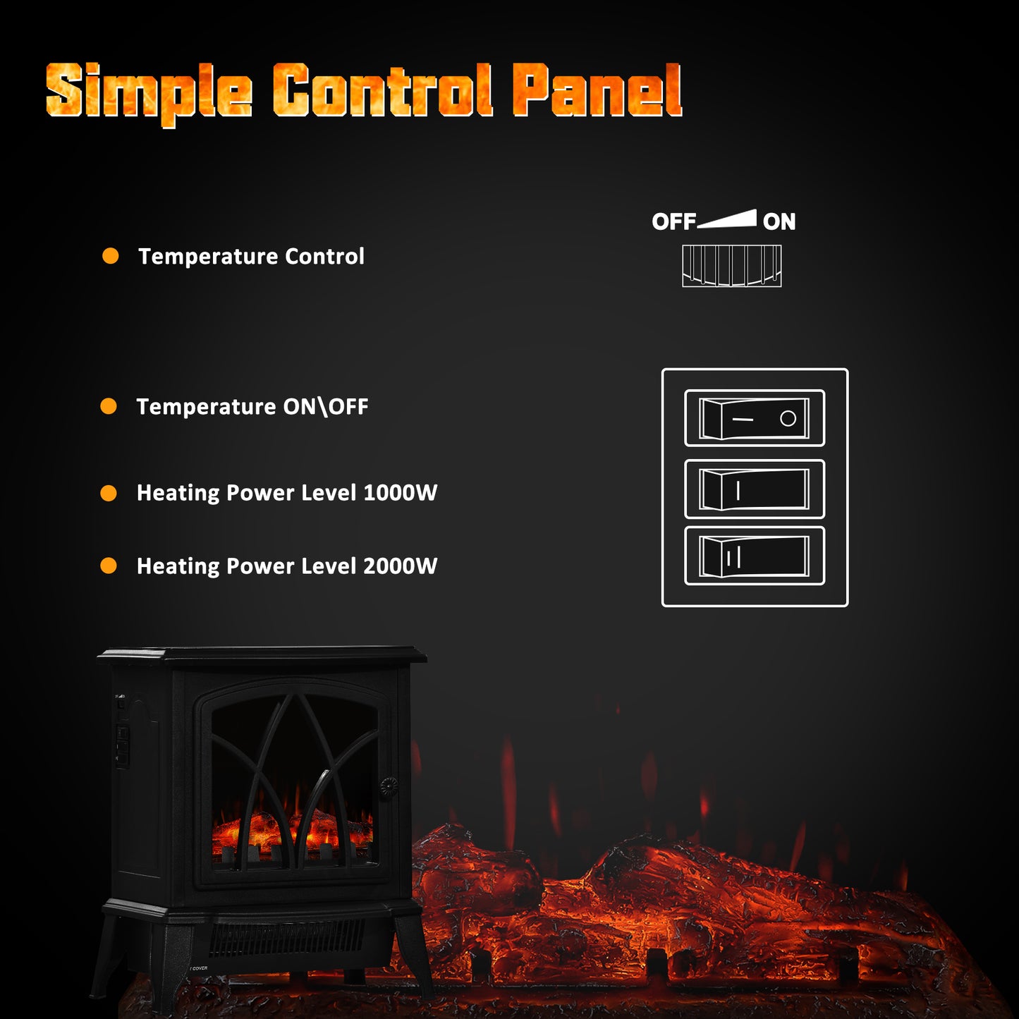 Portable Electric Fireplace Stove, Heater with Realistic Flame Effect, 2000W Overheat Auto Shut Off Safety Function