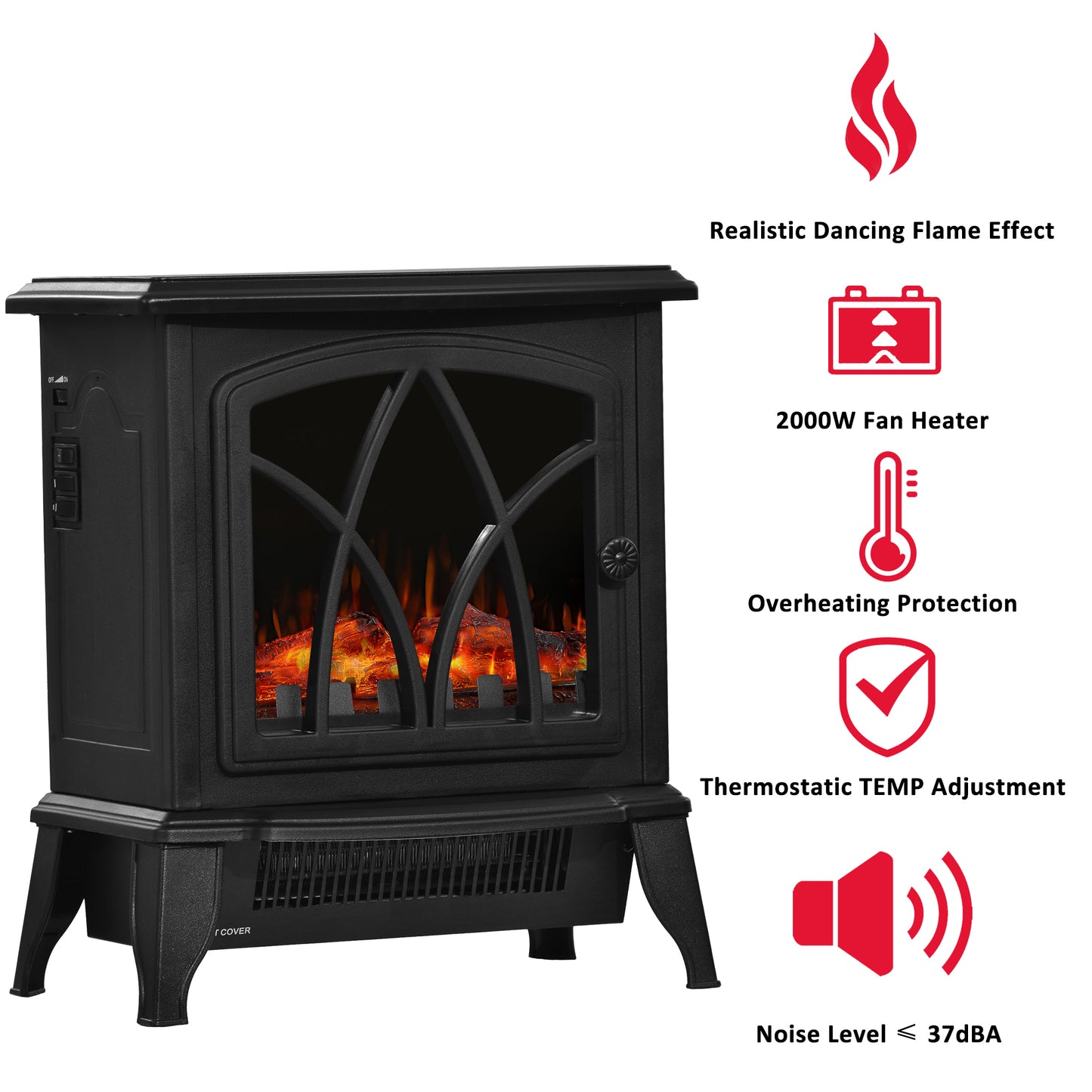 Portable Electric Fireplace Stove, Heater with Realistic Flame Effect, 2000W Overheat Auto Shut Off Safety Function