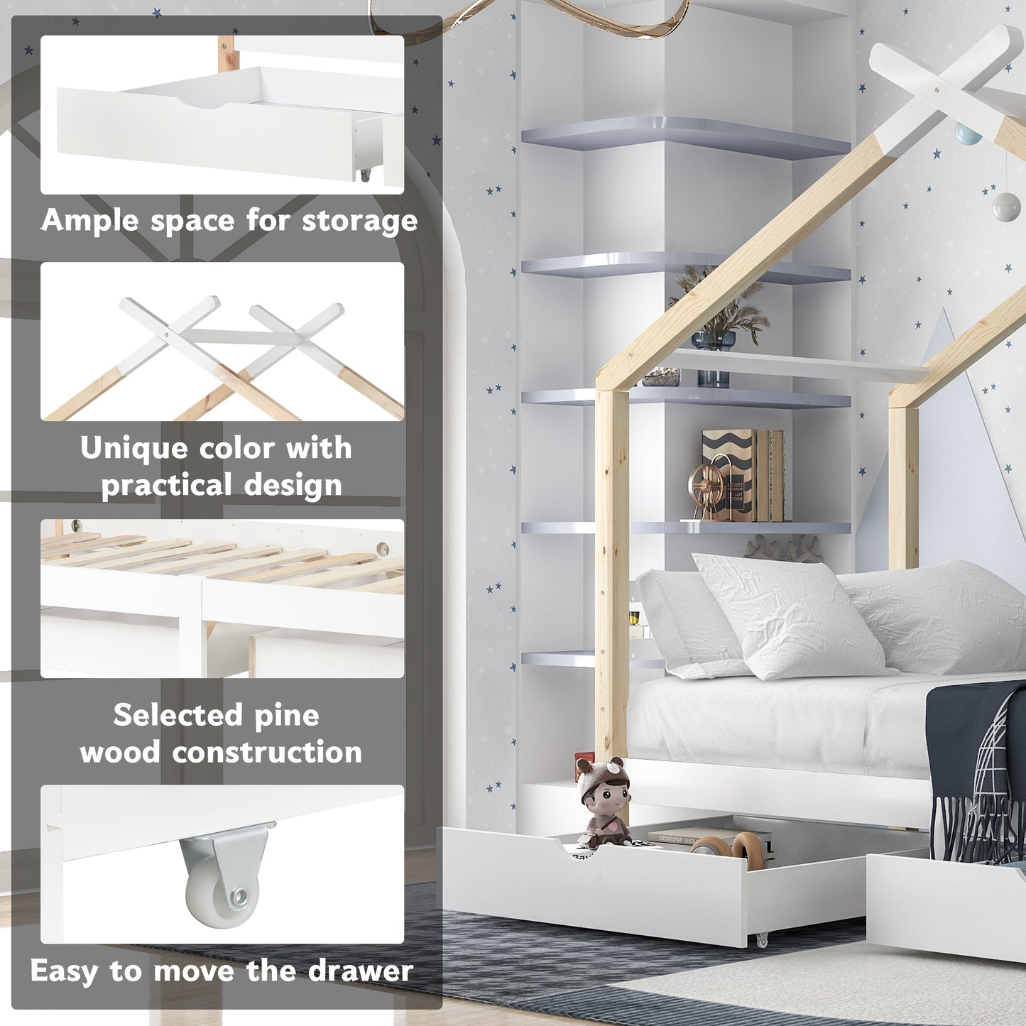 [NEW Arrival] Wooden Single Cabin Bed, House Bed with Two Storage Drawers, Playhouse Bed with Roof for Children Girls and Boys, 190*90 in Natural and White, Easy Assembly