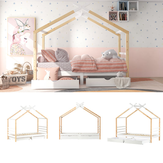 [NEW Arrival] Wooden Single Cabin Bed, House Bed with Two Storage Drawers, Playhouse Bed with Roof for Children Girls and Boys, 190*90 in Natural and White, Easy Assembly