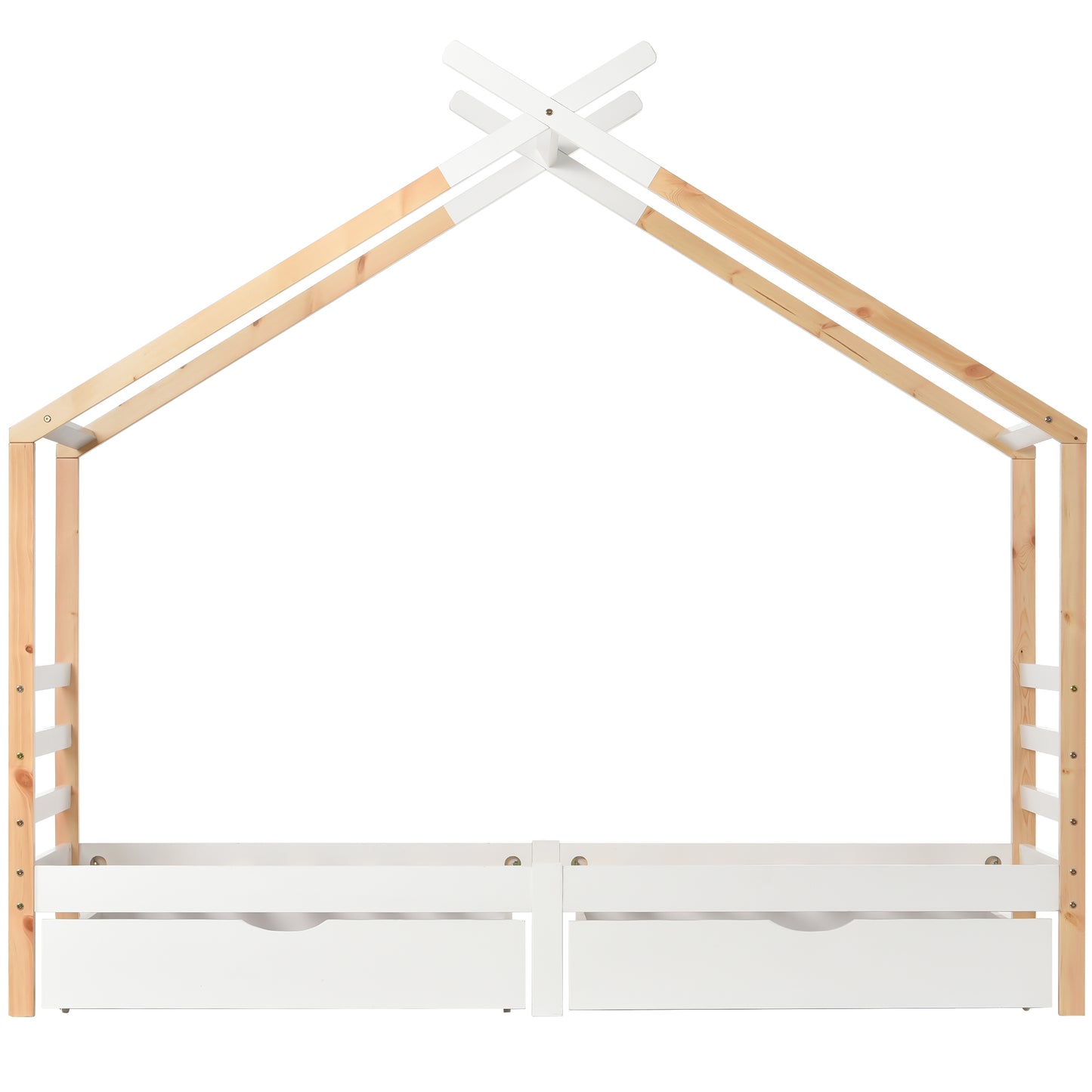 [NEW Arrival] Wooden Single Cabin Bed, House Bed with Two Storage Drawers, Playhouse Bed with Roof for Children Girls and Boys, 190*90 in Natural and White, Easy Assembly