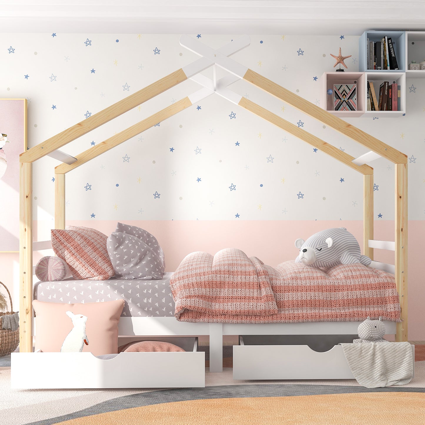 [NEW Arrival] Wooden Single Cabin Bed, House Bed with Two Storage Drawers, Playhouse Bed with Roof for Children Girls and Boys, 190*90 in Natural and White, Easy Assembly
