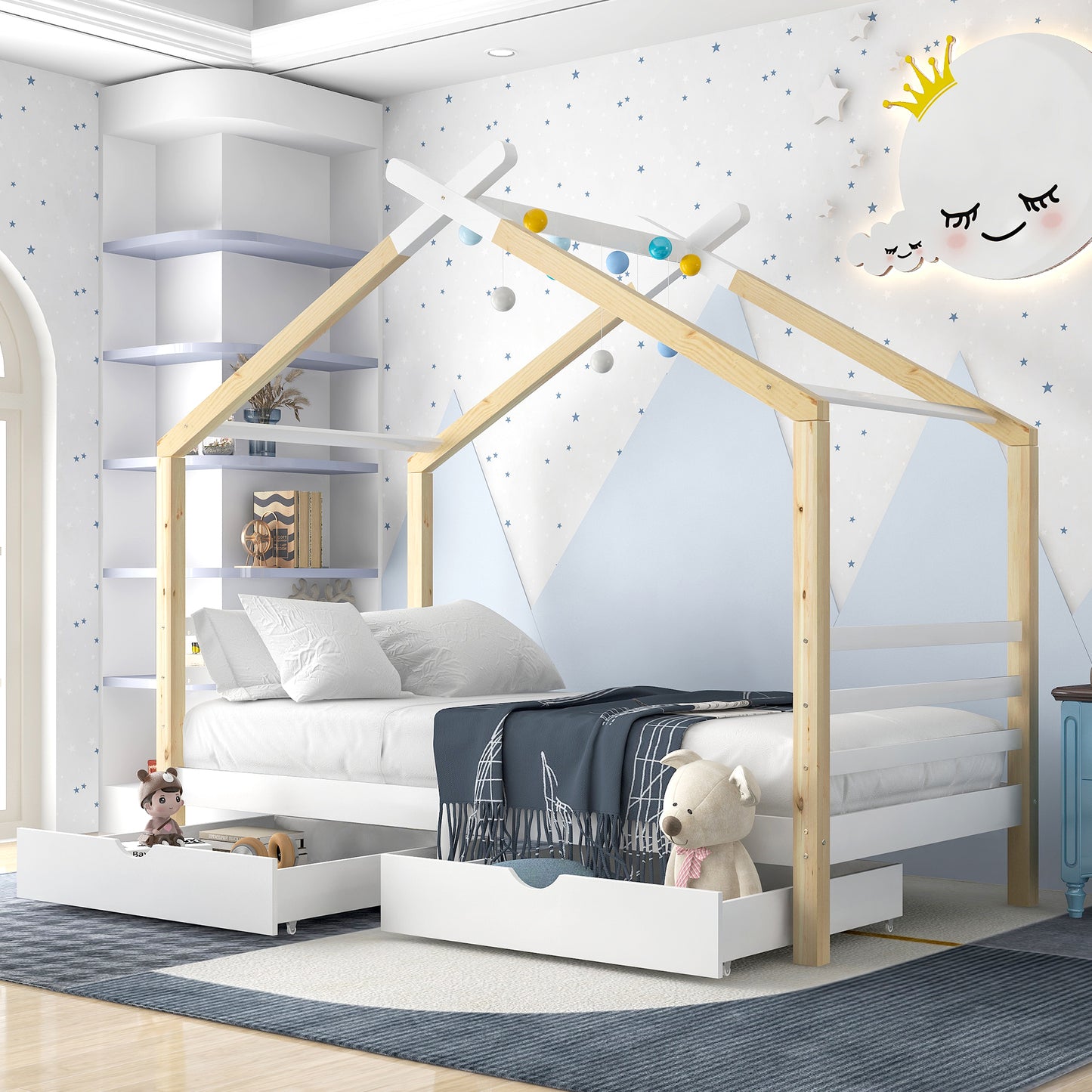 [NEW Arrival] Wooden Single Cabin Bed, House Bed with Two Storage Drawers, Playhouse Bed with Roof for Children Girls and Boys, 190*90 in Natural and White, Easy Assembly