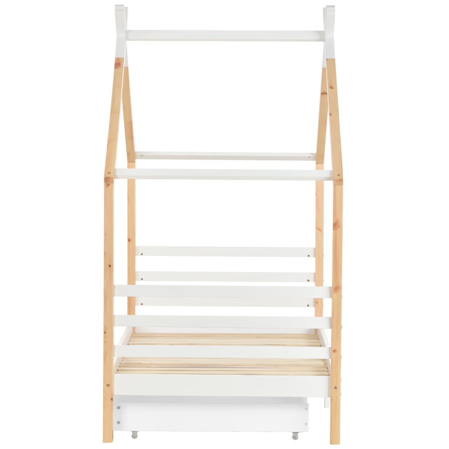 [NEW Arrival] Wooden Single Cabin Bed, House Bed with Two Storage Drawers, Playhouse Bed with Roof for Children Girls and Boys, 190*90 in Natural and White, Easy Assembly