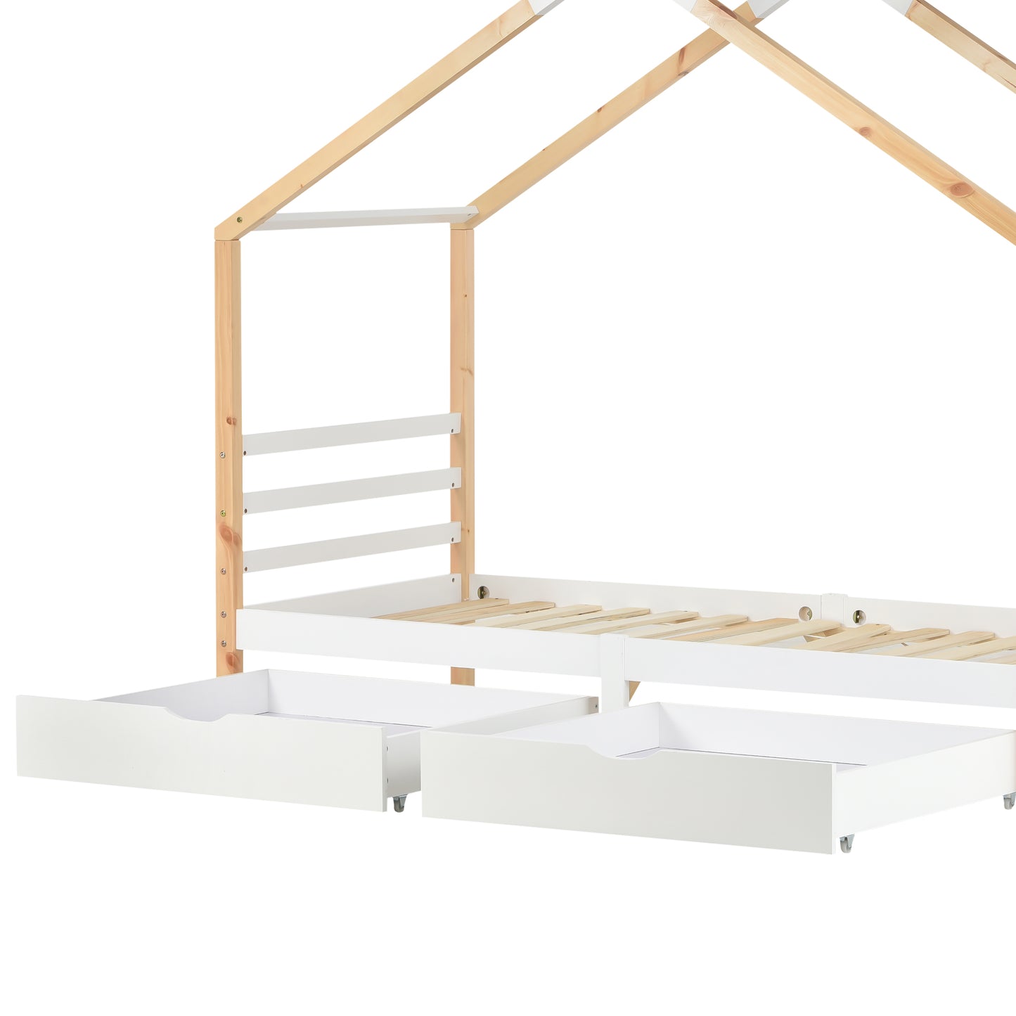 [NEW Arrival] Wooden Single Cabin Bed, House Bed with Two Storage Drawers, Playhouse Bed with Roof for Children Girls and Boys, 190*90 in Natural and White, Easy Assembly