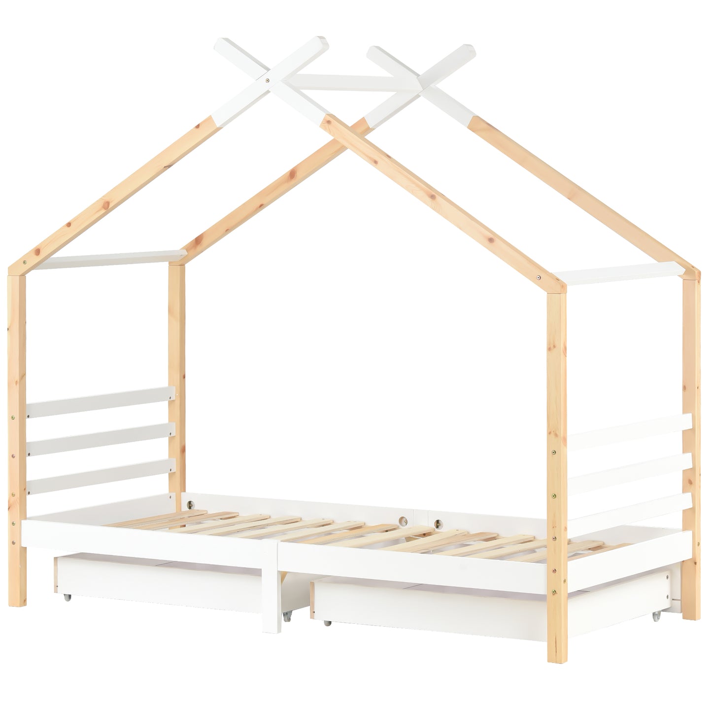 [NEW Arrival] Wooden Single Cabin Bed, House Bed with Two Storage Drawers, Playhouse Bed with Roof for Children Girls and Boys, 190*90 in Natural and White, Easy Assembly