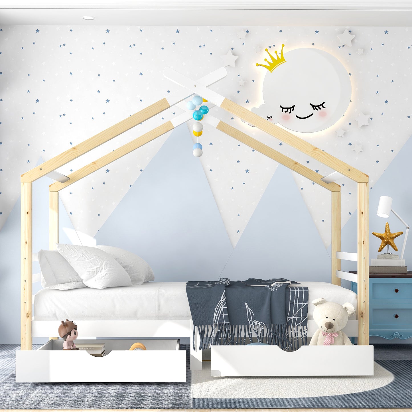 [NEW Arrival] Wooden Single Cabin Bed, House Bed with Two Storage Drawers, Playhouse Bed with Roof for Children Girls and Boys, 190*90 in Natural and White, Easy Assembly