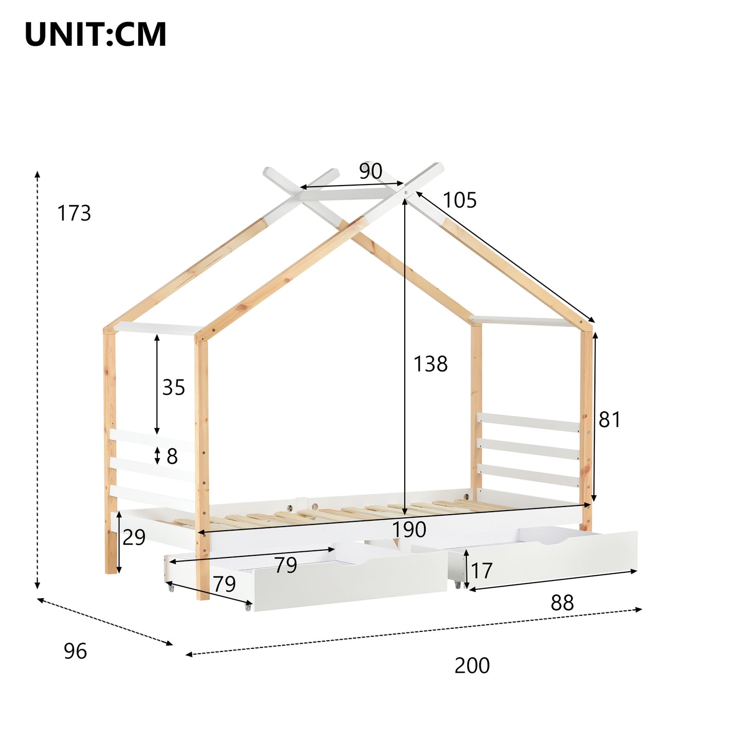 [NEW Arrival] Wooden Single Cabin Bed, House Bed with Two Storage Drawers, Playhouse Bed with Roof for Children Girls and Boys, 190*90 in Natural and White, Easy Assembly